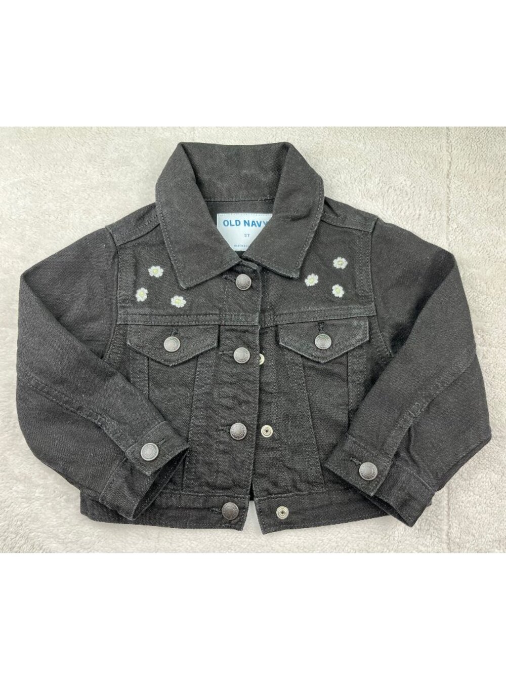 Old Navy Toddler Girls Black Cropped Denim Jacket with Daisy Embroidery